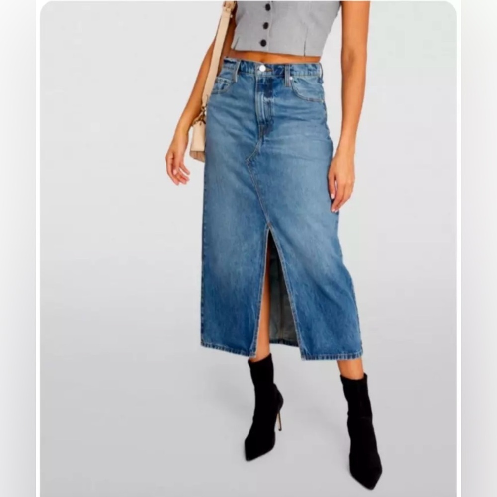 Frame Denim Blue Denim Midi Skirt with Front Slit